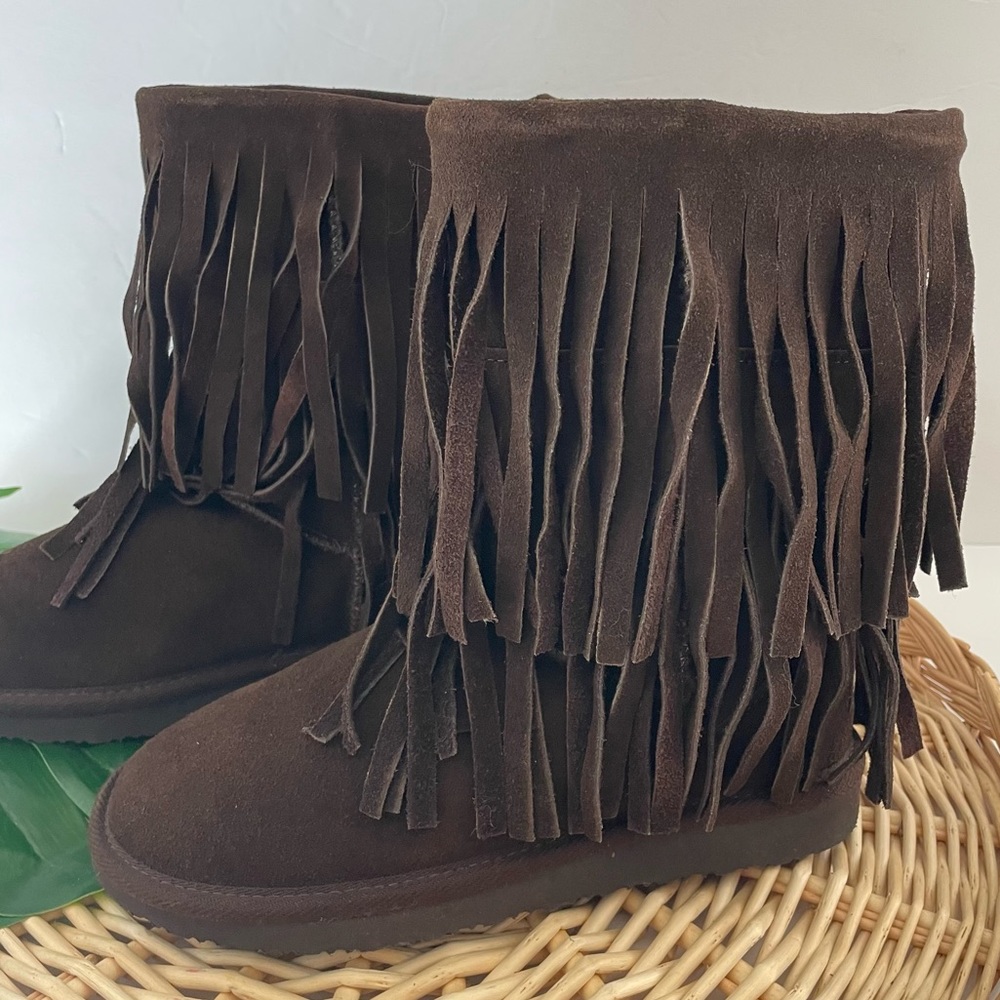 Minnetonka NWOT Moccasin brown suede fringe hippie boho faux fur boots size 6 - Picture 2 of 14